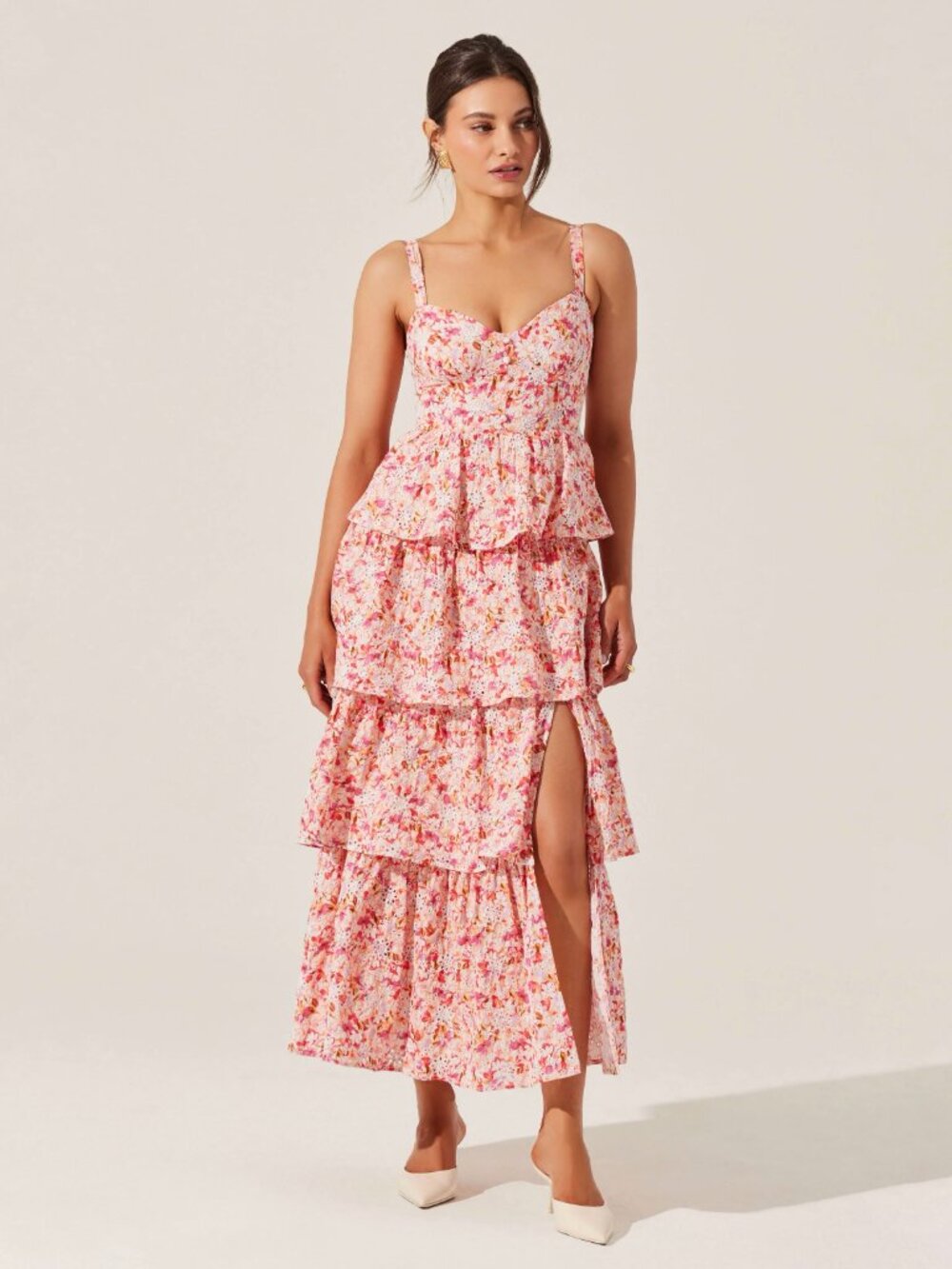 ASTR Midsummer Pink Floral 100% Cotton Eyelet Tiered Bustier Maxi Dress, Size S